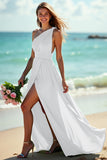 Navy One Shoulder Ruched Maxi Bridesmaid Dress with Slit