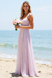 Lilac Chiffon A-Line Spaghetti Straps Boho Bridesmaid Dress