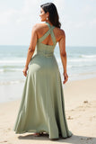 A Line Dusty Sage Boho Maxi Bridesmaid Dress with Ruffles