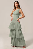 Maxi One Shoulder Tiered Sage Green Bridesmaid Dress with Ruffles