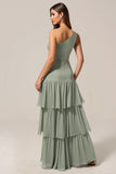 Maxi One Shoulder Tiered Sage Green Bridesmaid Dress with Ruffles
