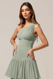 Maxi One Shoulder Tiered Sage Green Bridesmaid Dress with Ruffles
