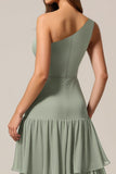 Maxi One Shoulder Tiered Sage Green Bridesmaid Dress with Ruffles