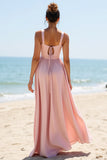V-Neck Candy Pink Boho Maxi Bridesmaid Dress with Pleats