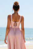 V-Neck Candy Pink Boho Maxi Bridesmaid Dress with Pleats