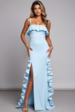 Sky Blue Ruffled Mermaid Satin Maxi Bridesmaid Dress with Slit