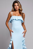 Sky Blue Ruffled Mermaid Satin Maxi Bridesmaid Dress with Slit