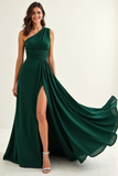 Ruched Dark Green Chiffon Maxi Bridesmaid Dress with Slit