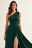 Ruched Dark Green Chiffon Maxi Bridesmaid Dress with Slit