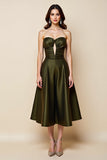 Olive Satin A Line Keyhole Strapless Midi Cocktail Dress