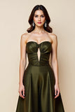 Olive Satin A Line Keyhole Strapless Midi Cocktail Dress
