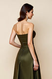 Olive Satin A Line Keyhole Strapless Midi Cocktail Dress