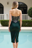 Sparkly Pine Bodycon Corset Midi Satin Cocktail Dress with Rhinestone