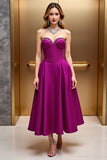 Fuchsia Corset A Line Satin Midi Cocktail Dress with Rhinestone