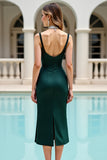 Pine Satin V-Neck Midi Bodycon Cocktail Dress with Slit