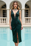 Pine Satin V-Neck Midi Bodycon Cocktail Dress with Slit