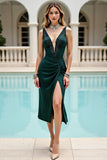 Pine Satin V-Neck Midi Bodycon Cocktail Dress with Slit
