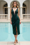 Pine Satin V-Neck Midi Bodycon Cocktail Dress with Slit