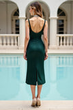Pine Satin V-Neck Midi Bodycon Cocktail Dress with Slit