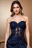Navy Bodycon Corset Satin Sweetheart Short Prom Dress with Appliques