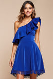 Royal Blue Ruffled One Shoulder A Line Short Prom Dress