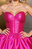 Sparkly Fuchsia Strapless Satin Short Corset Prom Dress