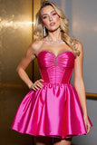 Fuchsia A Line Strapless Satin Short Corset Prom Dress with Rhinestone