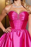 Fuchsia A Line Strapless Satin Short Corset Prom Dress with Rhinestone