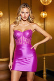 Fuchsia Satin Corset Short Bodycon Prom Dress with Appliqes