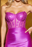 Fuchsia Satin Corset Short Bodycon Prom Dress with Appliqes
