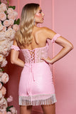 Candy Pink Short Corset Prom Dress with Fringes