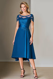 Peacock Blue Satin A Line Midi Mother of the Bride Dress with Lace