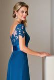 Peacock Blue Satin A Line Midi Mother of the Bride Dress with Lace