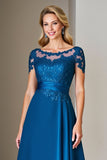 Peacock Blue Satin A Line Midi Mother of the Bride Dress with Lace