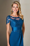 Peacock Blue Satin A Line Midi Mother of the Bride Dress with Lace