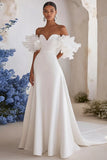 Ivory Sweep Train Sweetheart A Line Satin Wedding Dress with Ruffles