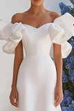Ivory A Line Satin Off the Shoulder Maxi Wedding Dress with Ruffles
