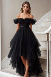 Black Off the Shoulder Ruffled A Line High-Low Formal Dress
