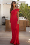 Red One Shoulder Chiffon Sheath Maxi Simple Formal Dress