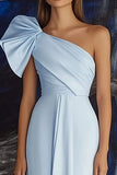 Sky Blue Maxi Satin Sheath One Shoulder Formal Dress with Bow