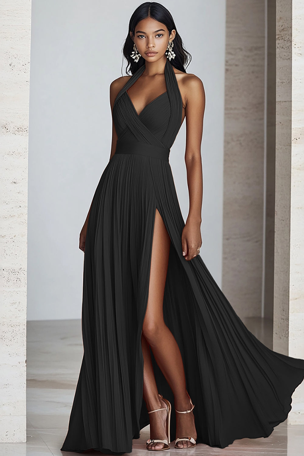 Black Halter Maxi Pleated A Line Formal Dress with Slit Black Halter Maxi Pleated A Line Formal Dress with Slit