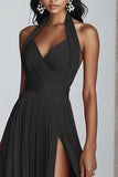 Black Halter Maxi Pleated A Line Formal Dress with Slit