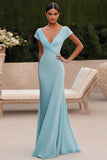 Sky Blue Chiffon V Neck Cap Sleeves Ruched Sheath Formal Dress