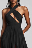 Black A Line Pleated Halter Cut Out Formal Dress with Slit