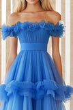 Blue Tulle Ball Gown Maxi Prom Dress with Ruffles