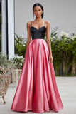 Black and Pink Spaghetti Straps Satin Maxi Ball Gown Prom Dress