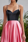 Black and Pink Spaghetti Straps Satin Maxi Ball Gown Prom Dress