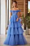 Blue Tulle Tiered Maxi Ball Gown Prom Dress with Ruffles