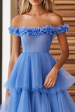 Blue Tulle Tiered Maxi Ball Gown Prom Dress with Ruffles