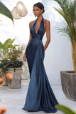 Grey Blue Satin Halter Mermaid Maxi Prom Dress